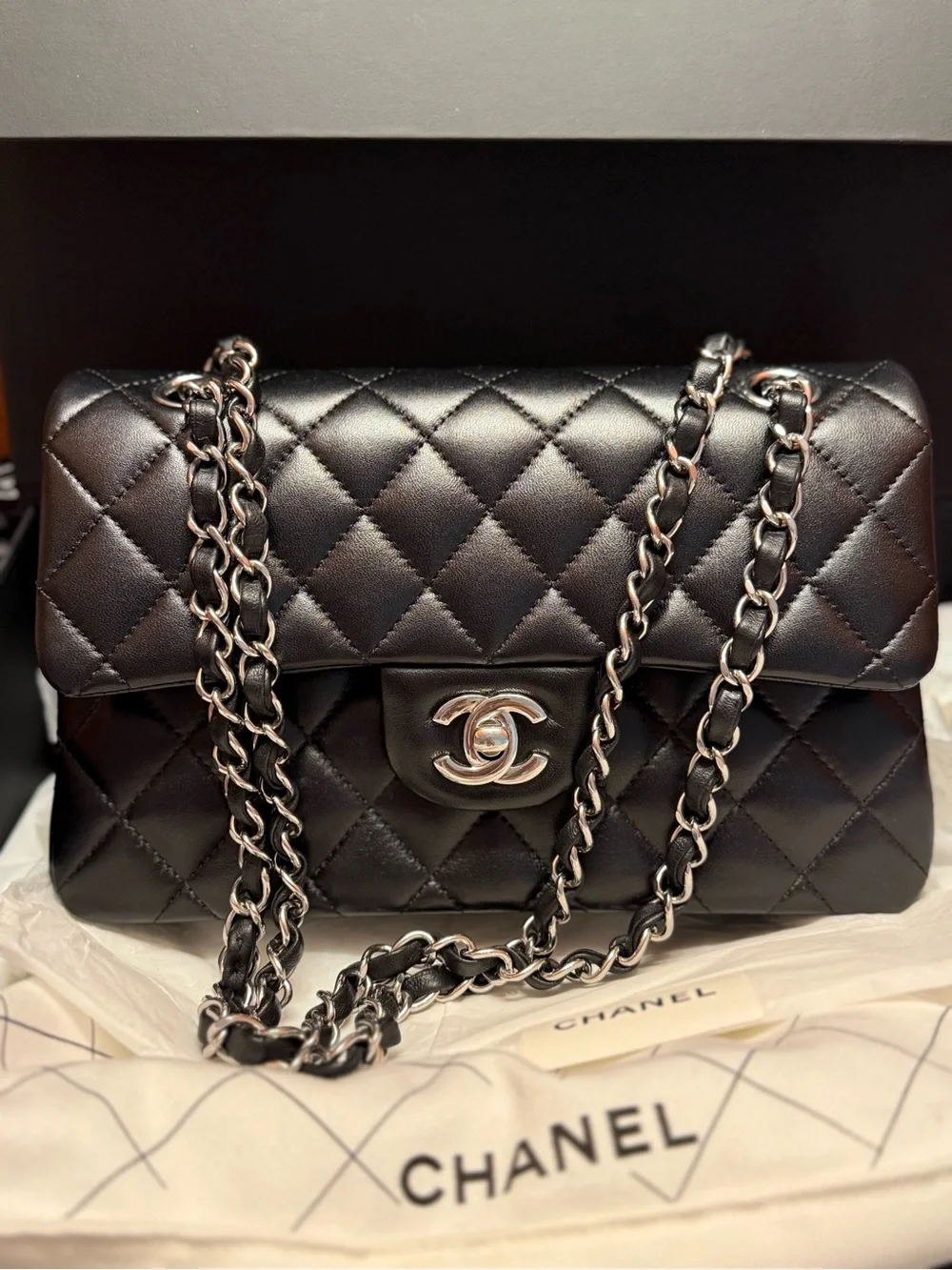 Authentic CHANEL Black Quilted Leather Shoulder Bag with Silver Chain